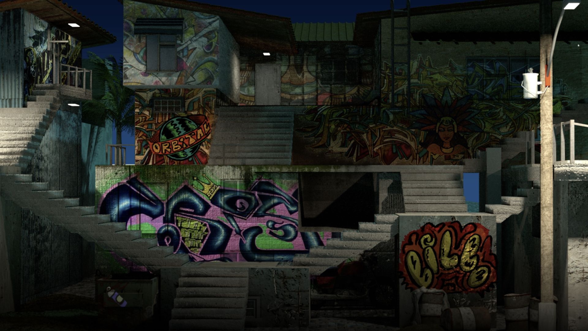 A favela street at night, covered in graffiti — one of the rooms the dinner travels through.