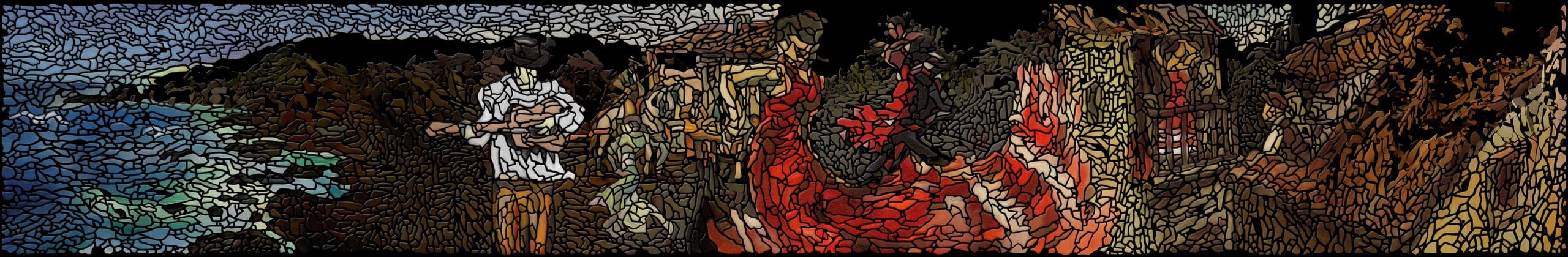 The whole wall: figures and fire in a stained-glass mosaic.