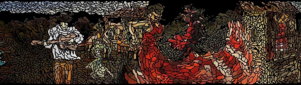 The whole wall: figures and fire in a stained-glass mosaic.