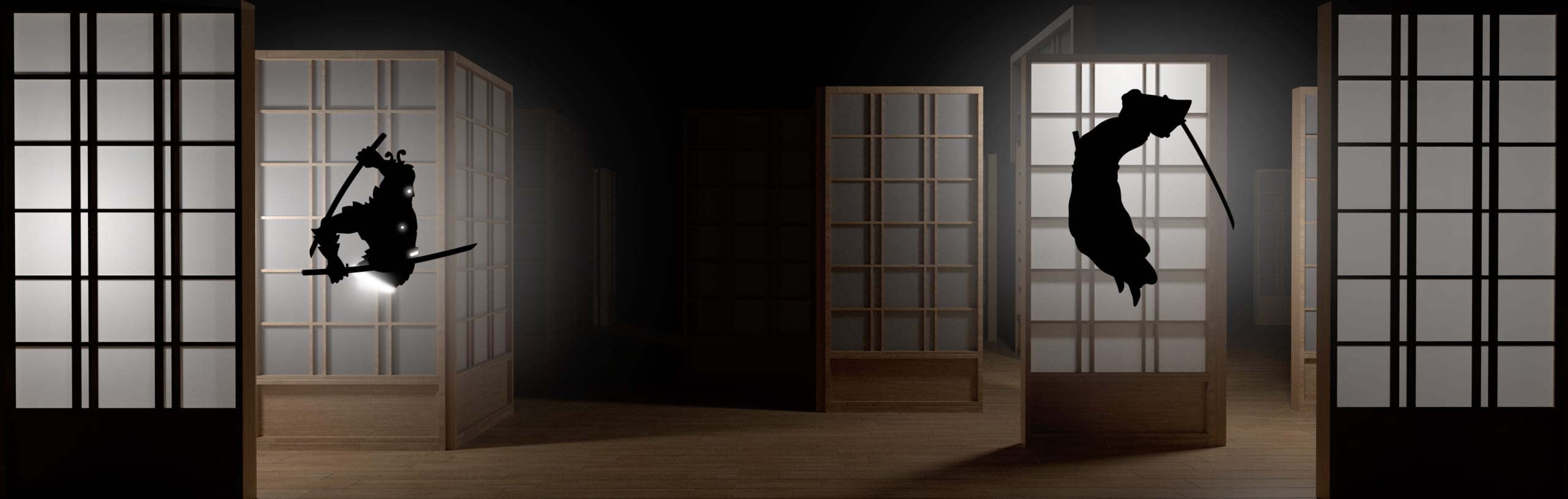 Two samurai leaping between lit shoji doors.
