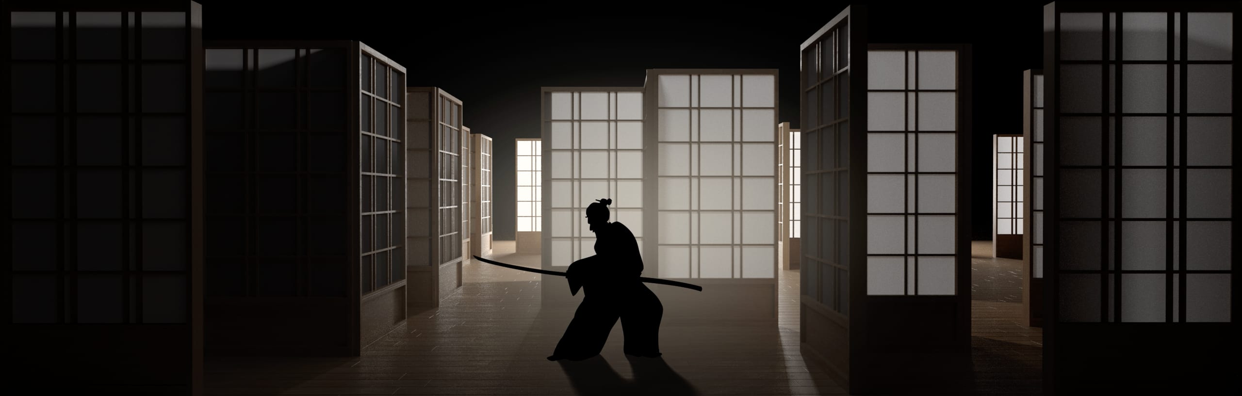 A samurai silhouette among paper sliding doors.