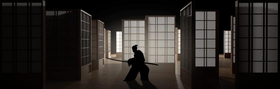 A samurai silhouette among paper sliding doors.