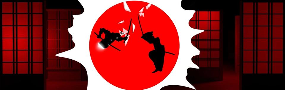 A samurai duel against a red rising sun.