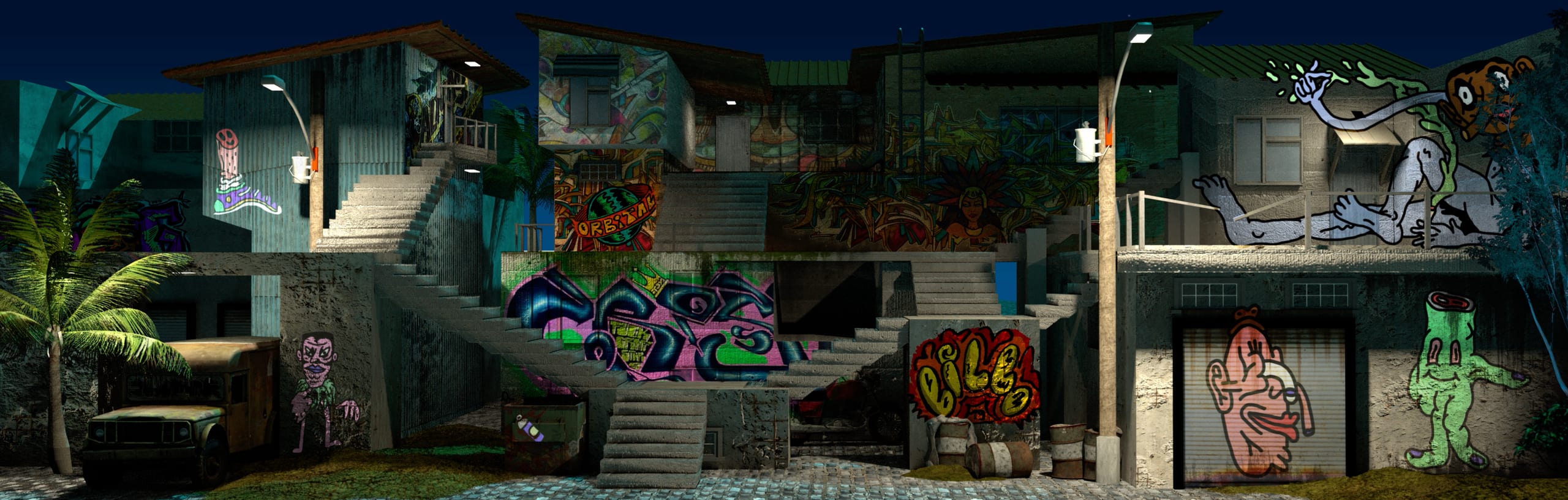 A favela street at night, with graffiti and staircases.