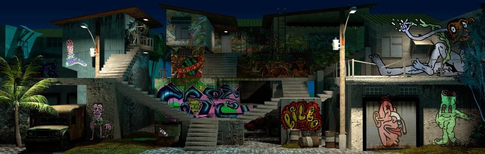 A favela street at night, with graffiti and staircases.