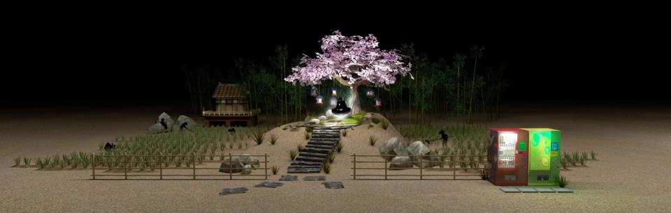 A Japanese garden with a cherry tree and a drinks machine at night.