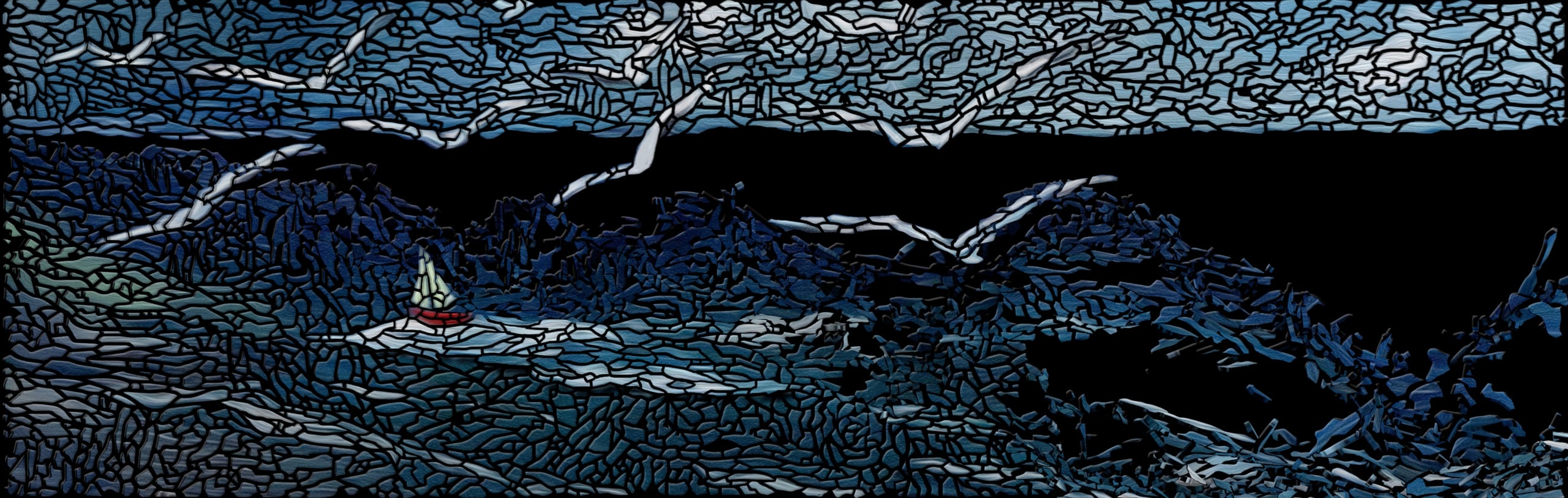 A stormy sea with a sailing boat and gulls, in a stained-glass style.