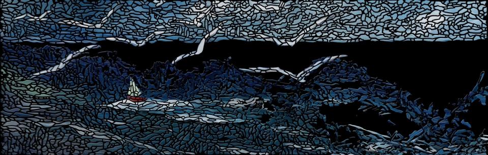 A stormy sea with a sailing boat and gulls, in a stained-glass style.
