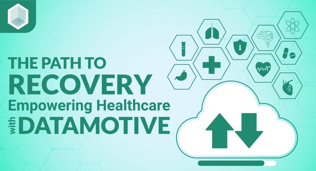 Illustrated banner reading 'The Path to Recovery: Empowering Healthcare with Datamotive,' with healthcare icons and a cloud sync symbol