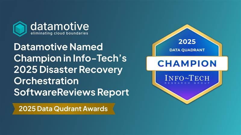 Info-Tech Research Group 2025 Data Quadrant Champion badge for Disaster Recovery Orchestration, awarded to Datamotive