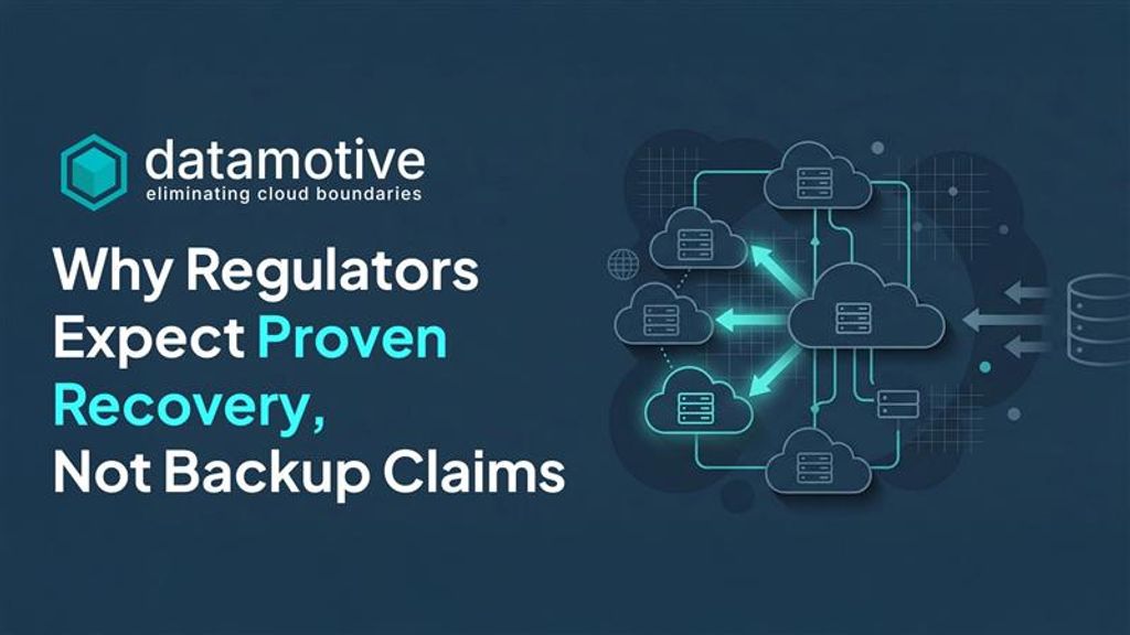 Banner illustration of a central cloud replicating data to multiple recovery sites, titled 'Why Regulators Expect Proven Recovery, Not Backup Claims'