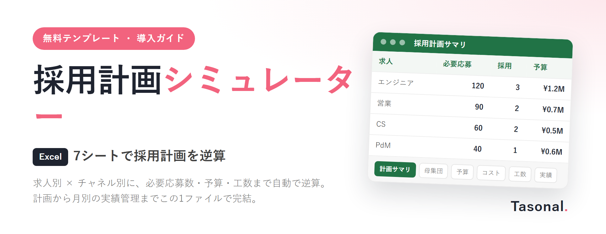 採用計画シミュレーター（Excel・7シート）｜母集団・予算・工数を逆算