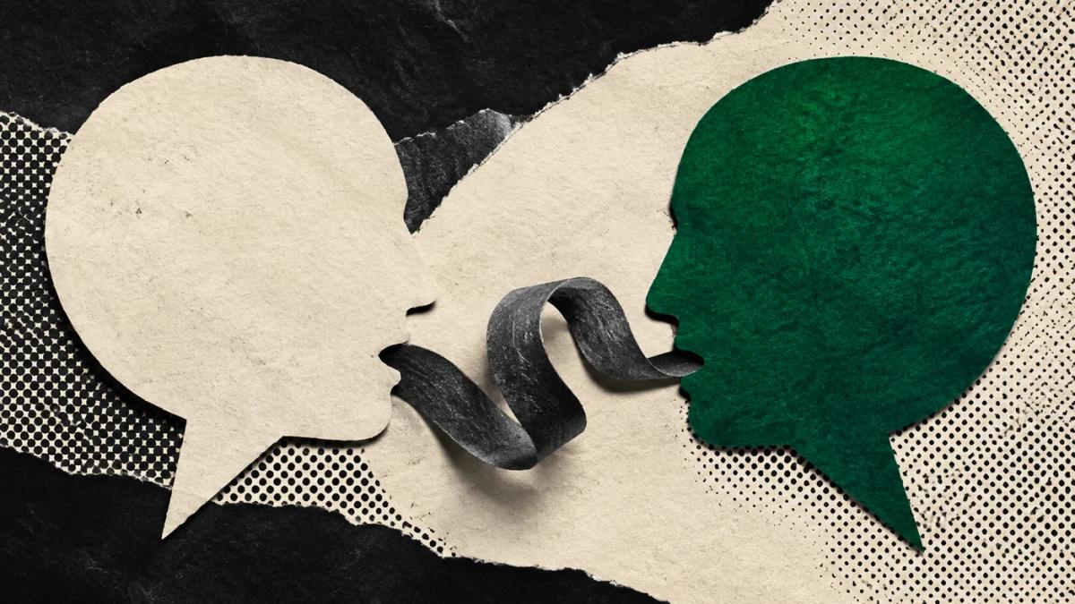 Two paper conversation silhouettes linked by a black ribbon as a messaging metaphor.