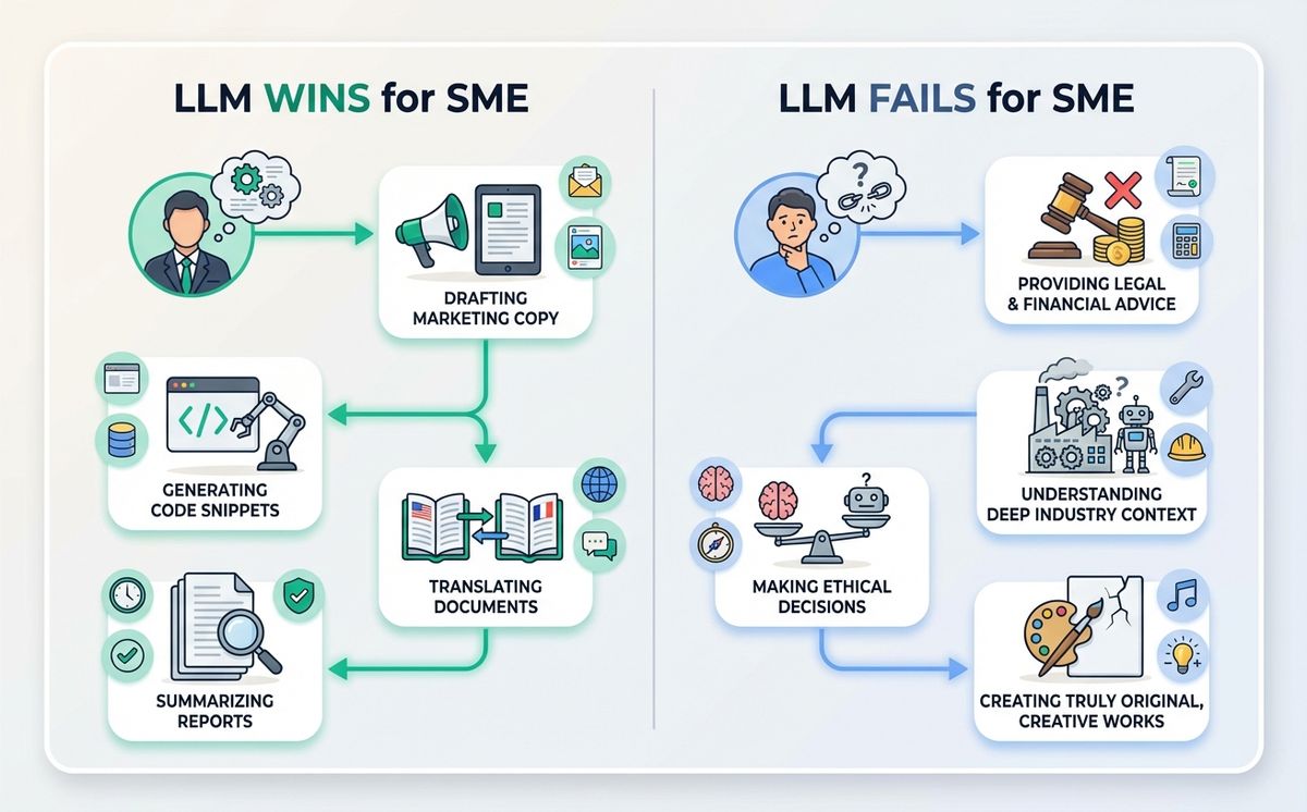 Examples of tasks where an LLM fails and tasks where it wins for an SME