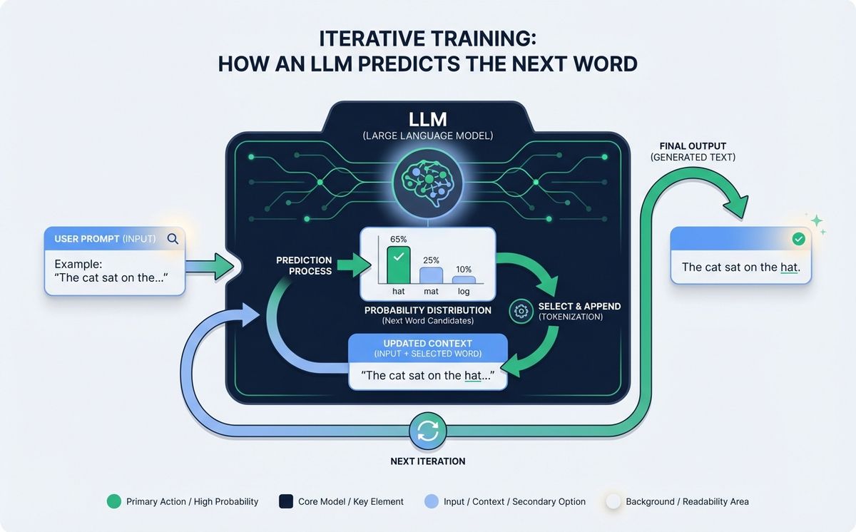 Iterative training showing how does an LLM work during next word prediction