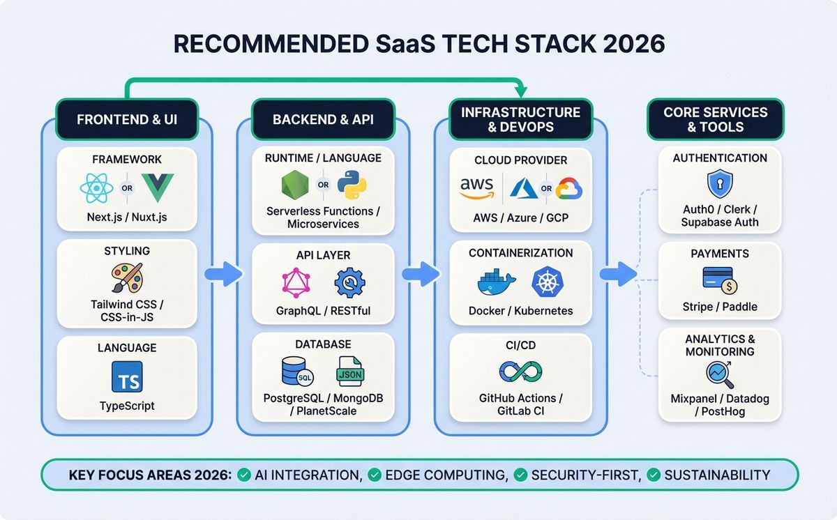 Diagram of the recommended tech stack for building a SaaS in 2026