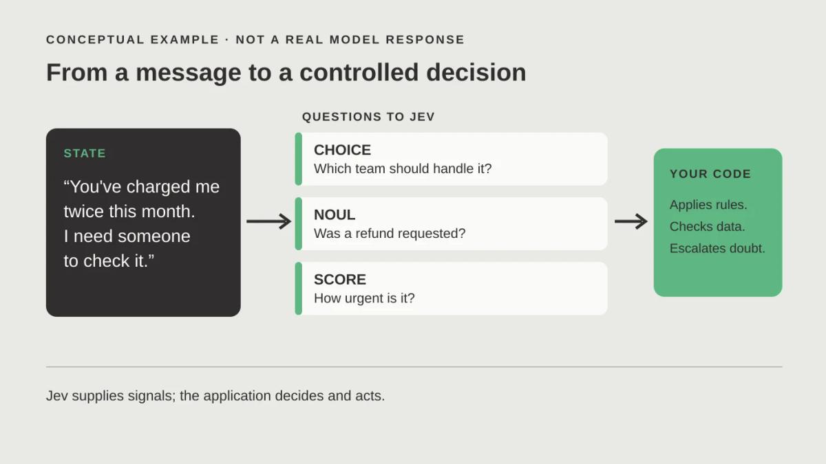 Conceptual example: a duplicate-charge message is assessed with Choice, Noul and Score; code retains the final decision.