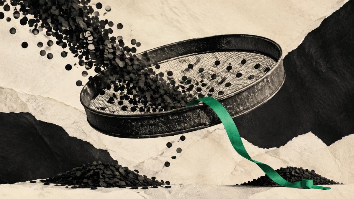 Conceptual collage of a sieve filtering paper fragments and a green ribbon.