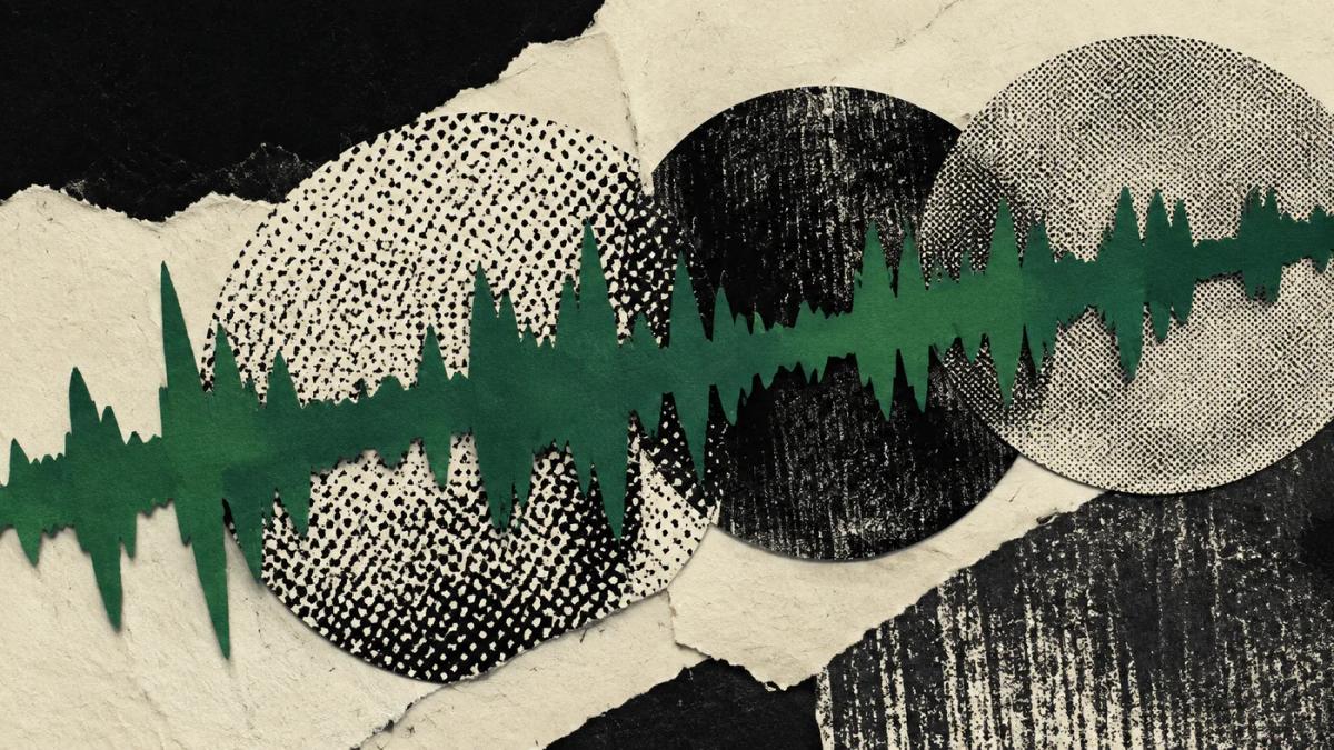Green sound wave over paper discs with varied halftone textures.