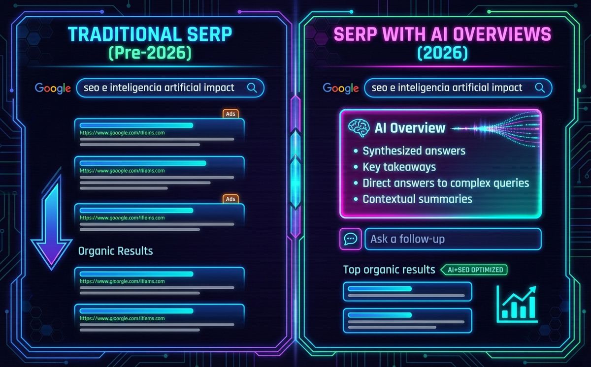 Comparison of traditional SERP vs SERP with AI Overviews showing the impact of SEO and AI on Google in 2026