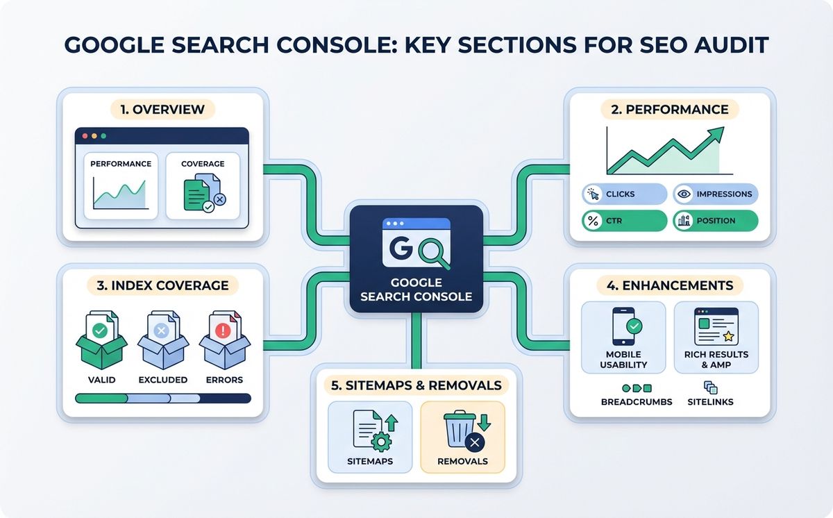 Diagram of key Google Search Console sections for an SEO audit