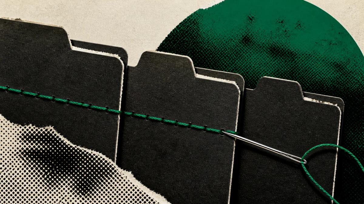 Green thread stitching paper folders together as a metaphor for coordinated file editing.