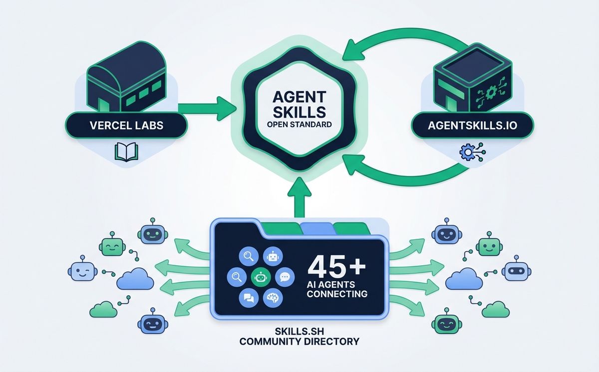 The agent skills open standard ecosystem: Vercel Labs, agentskills.io, and the community directory at skills.sh connecting 45+ AI agents