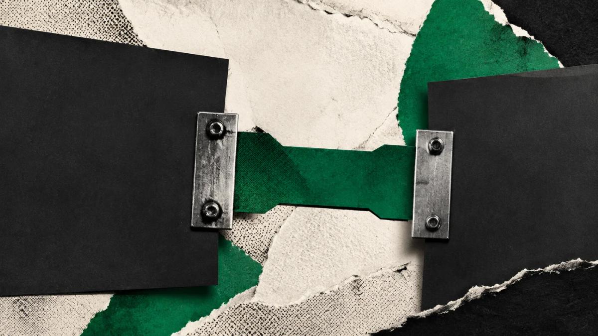 Conceptual collage of two black sheets joined by a green connector and metal brackets.