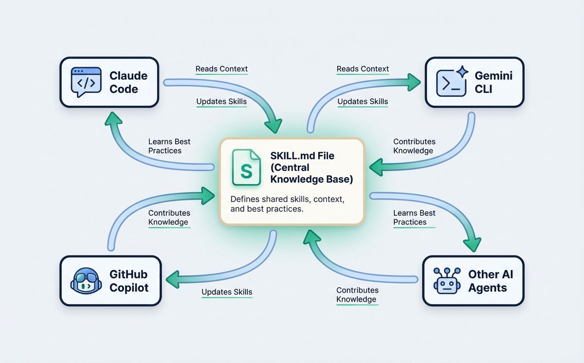 Diagram showing a single SKILL.md file connecting Claude Code, GitHub Copilot, Gemini CLI, and other AI agents in a team workflow