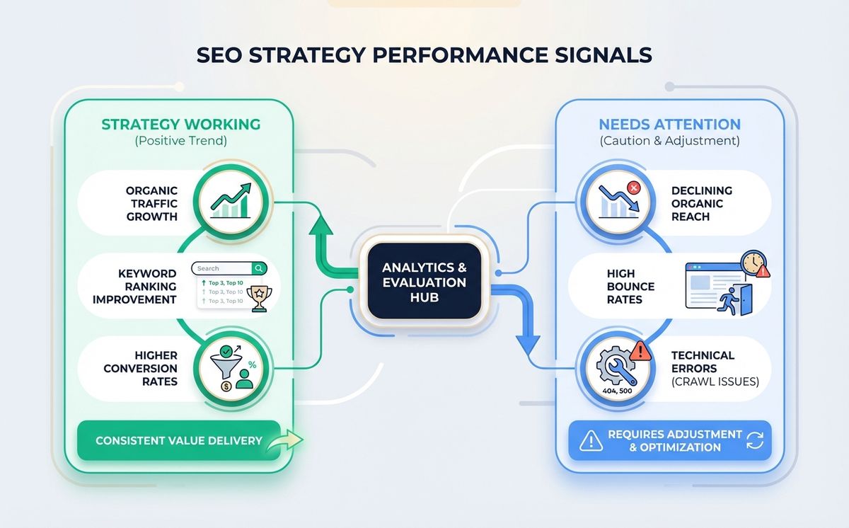 Diagram of signals indicating whether your SEO strategy is working or needs attention