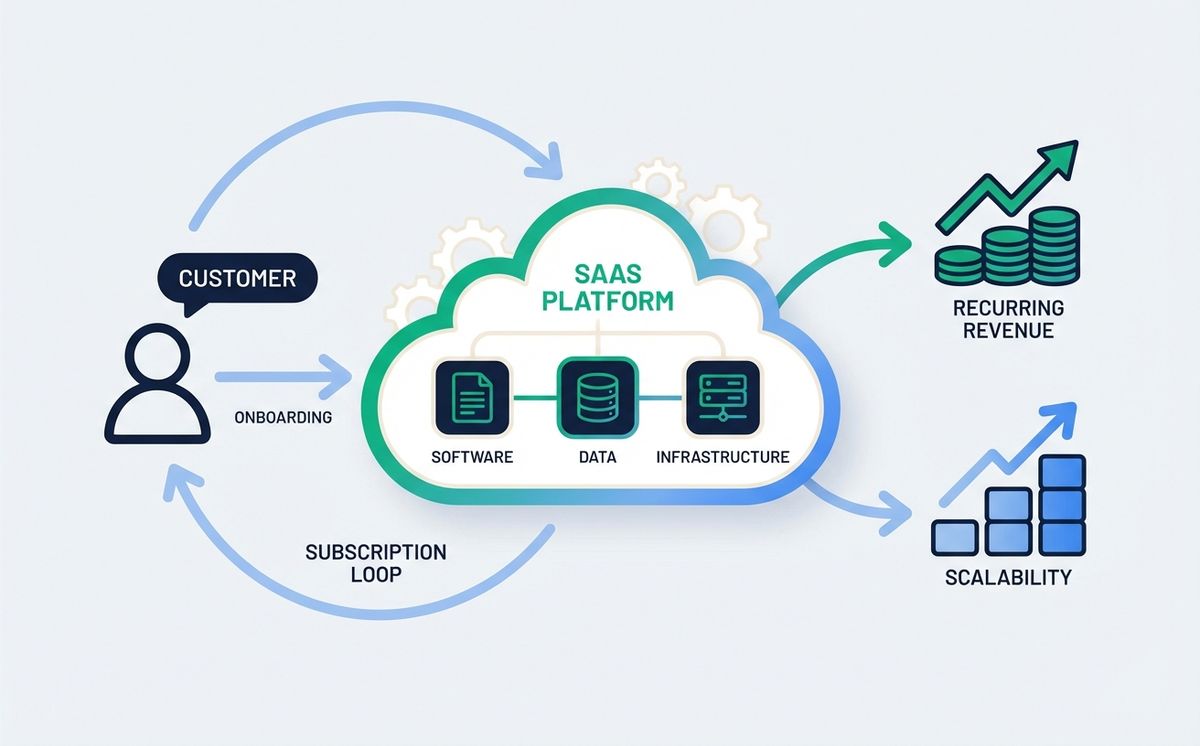 Diagram of the SaaS business model with recurring revenue and scalability