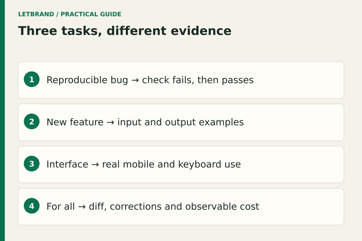 Three tasks, different evidence; Reproducible bug → check fails, then passes; New feature → input and output examples; Interface → real mobile and keyboard use; For all → diff, corrections and observable cost