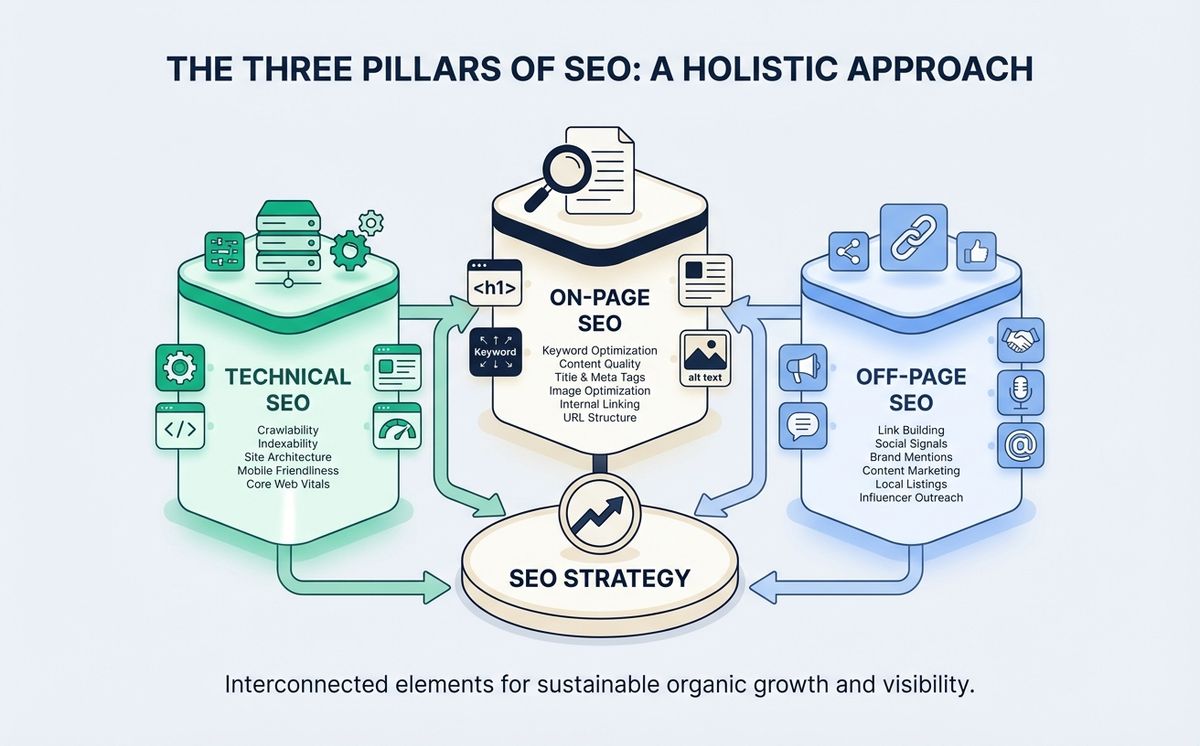 Diagram of the three pillars of SEO: technical, on-page, and off-page, and how they relate