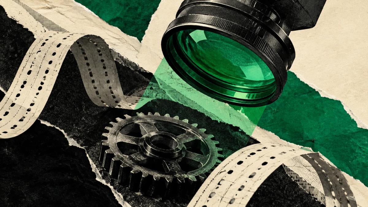 Green lens over a gear and punched tape as a metaphor for monitoring agents.