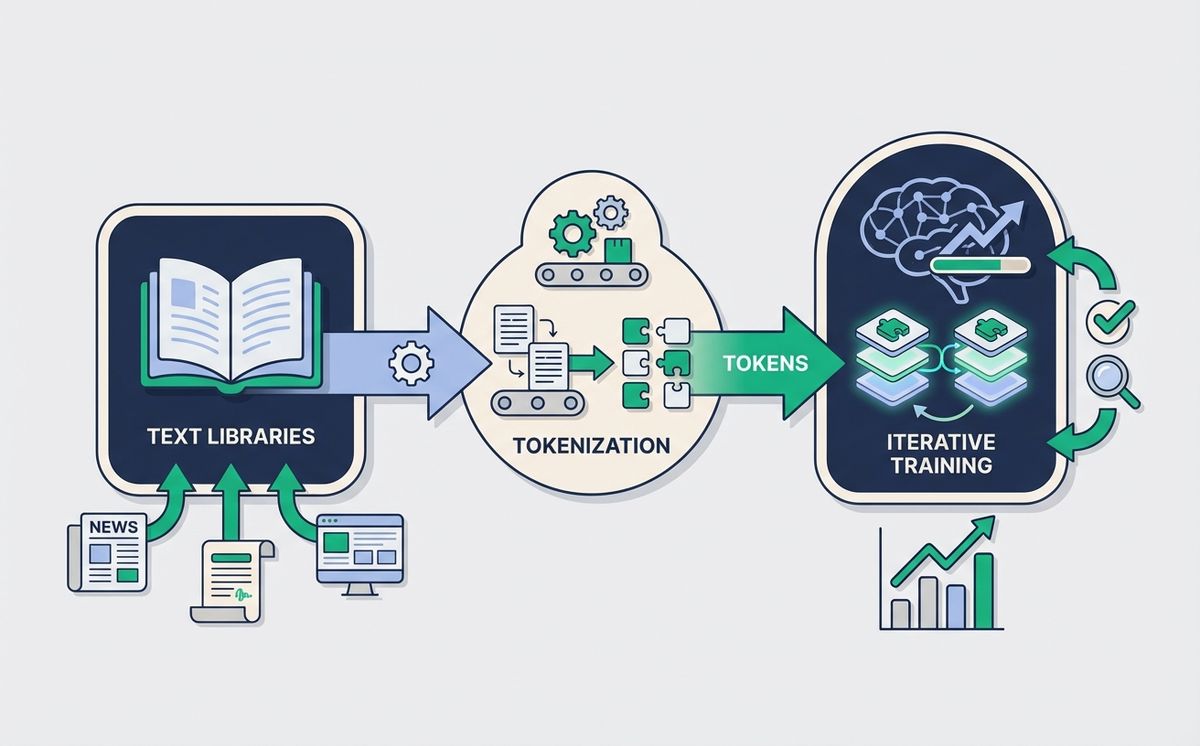 Diagram showing how does an LLM work: text libraries, tokenization, and iterative training