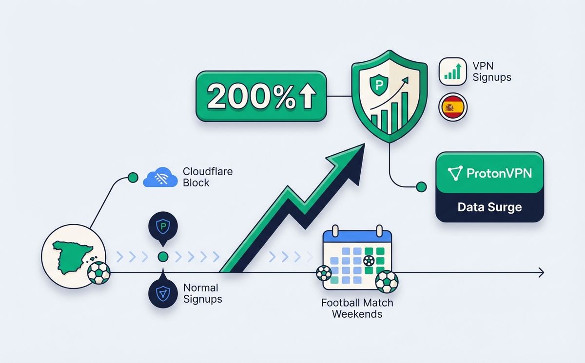 Chart showing the 200% increase in VPN registrations in Spain during Spain Cloudflare blocks episodes on match weekends