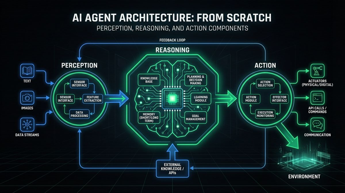 How to Build an AI Agent from Scratch architecture diagram showing perception, reasoning, and action components