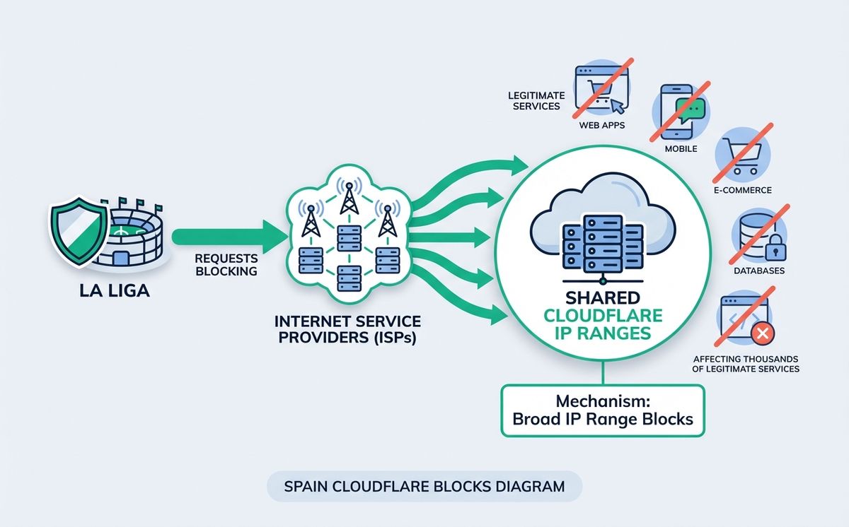 Diagram of Spain Cloudflare blocks mechanism: La Liga requests that operators block shared IP ranges affecting thousands of legitimate websites