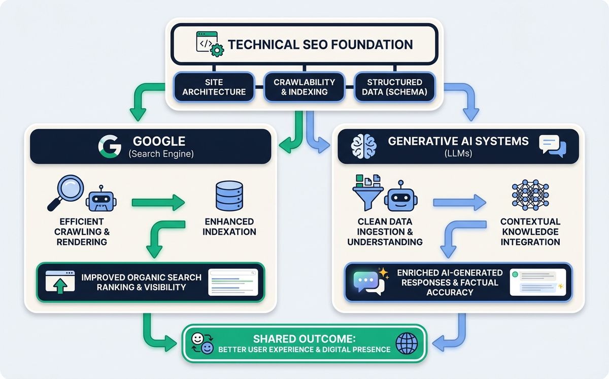 Diagram of how technical SEO impacts both Google and generative AI systems