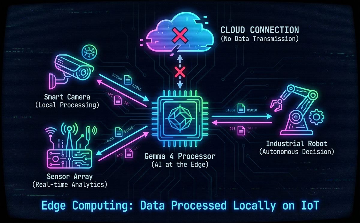 Diagram of edge computing with Gemma 4 processing data on IoT devices without cloud connection