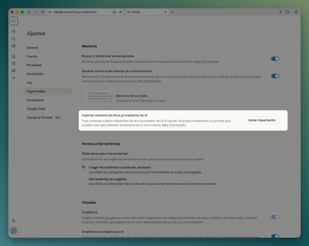 The image shows the Claude.ai page where you can import the exported model from any other LLM provider you have used, such as OpenAI’s ChatGPT
