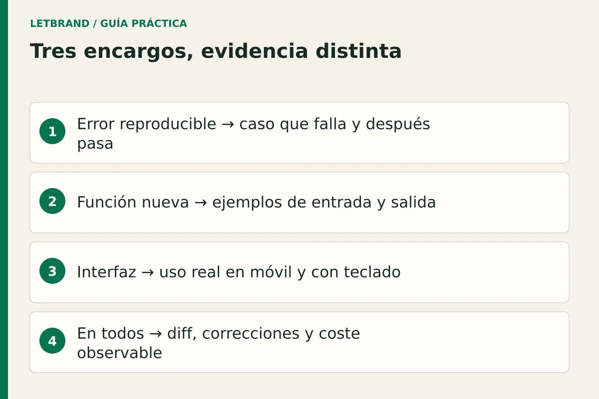 Tres encargos, evidencia distinta; Error reproducible → caso que falla y después pasa; Función nueva → ejemplos de entrada y salida; Interfaz → uso real en móvil y con teclado; En todos → diff, correcciones y coste observable