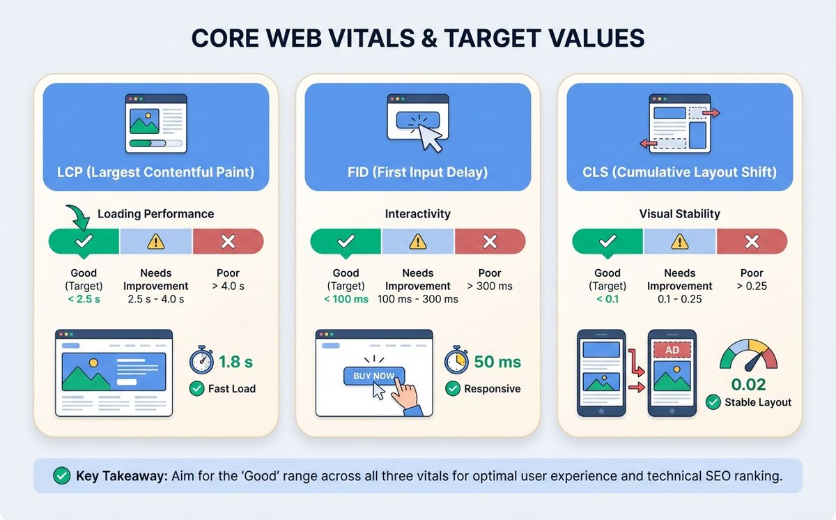 Diagram of the three Core Web Vitals and their target values for technical SEO
