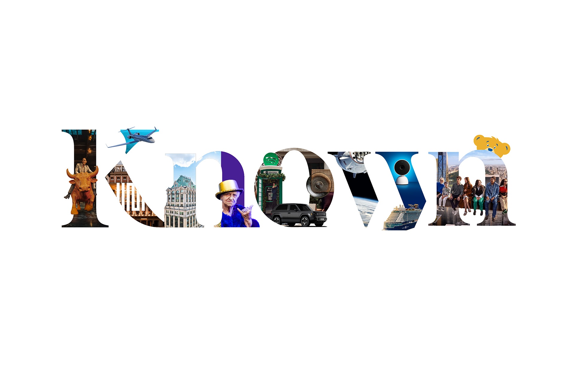 Large "Known" wordmark filled with a collage of people, buildings, vehicles, technology products, travel scenes, and brand-related imagery.