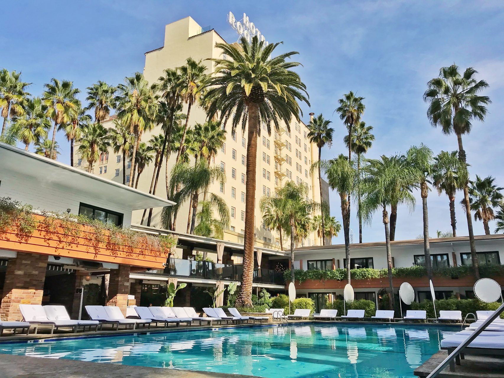 A hotel pool area with lounge chairs and palm trees