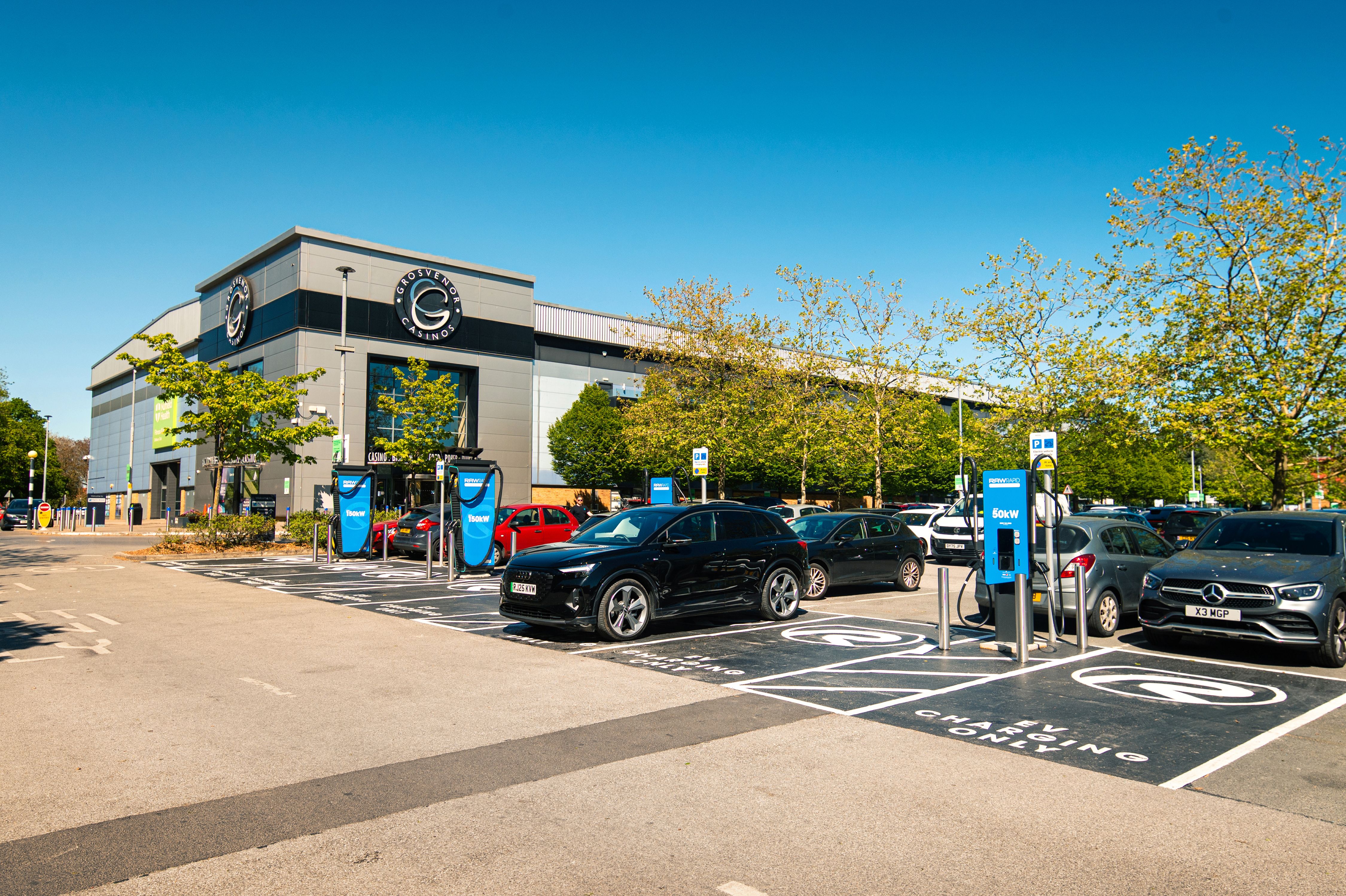 Image shows 50kW and 150kW EV chargers outside of Grosvenor Casinos