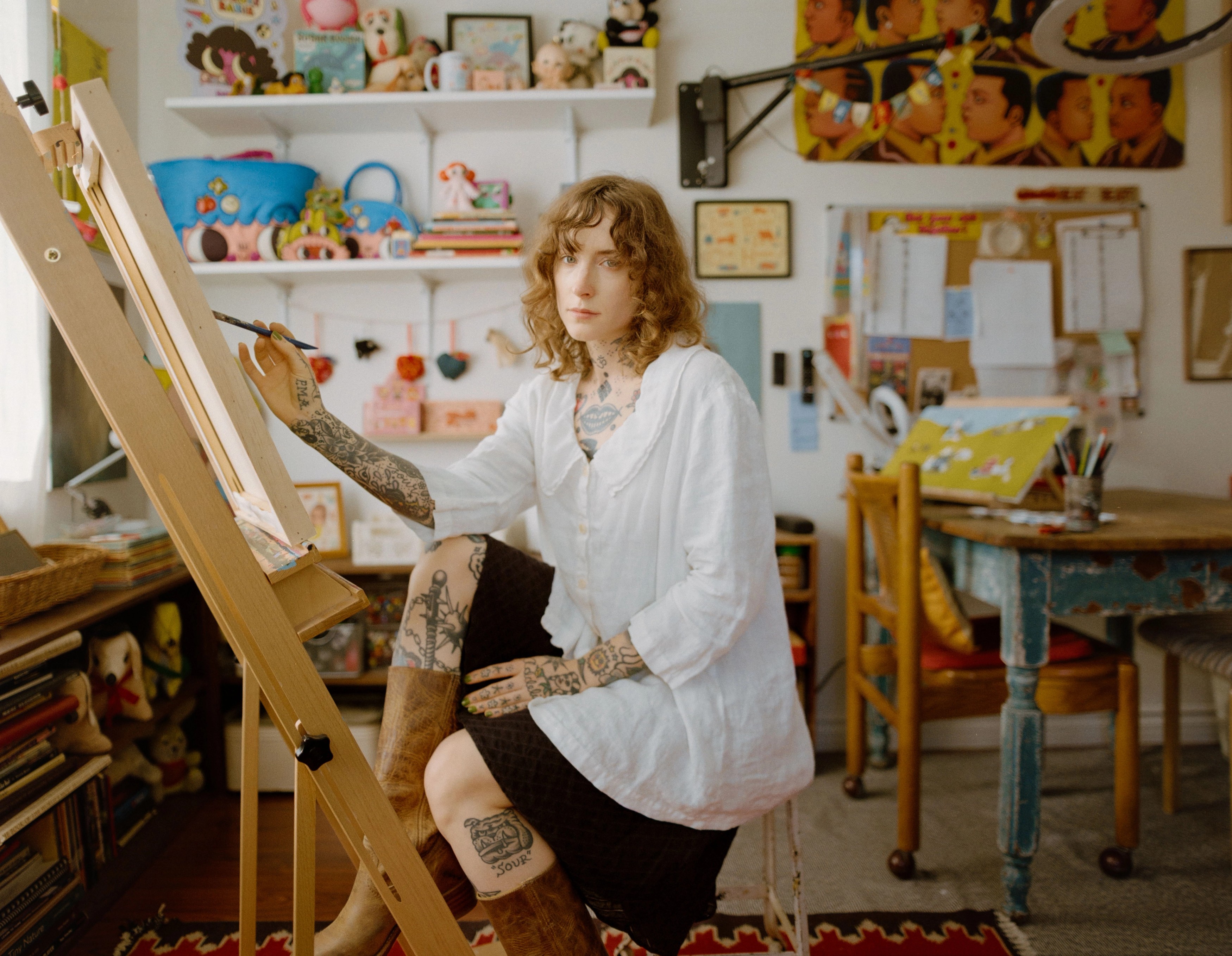 Portrait of Addeline Griswold in her Los Angeles studio looking off-camera, film photograph by Nathaniel Perales