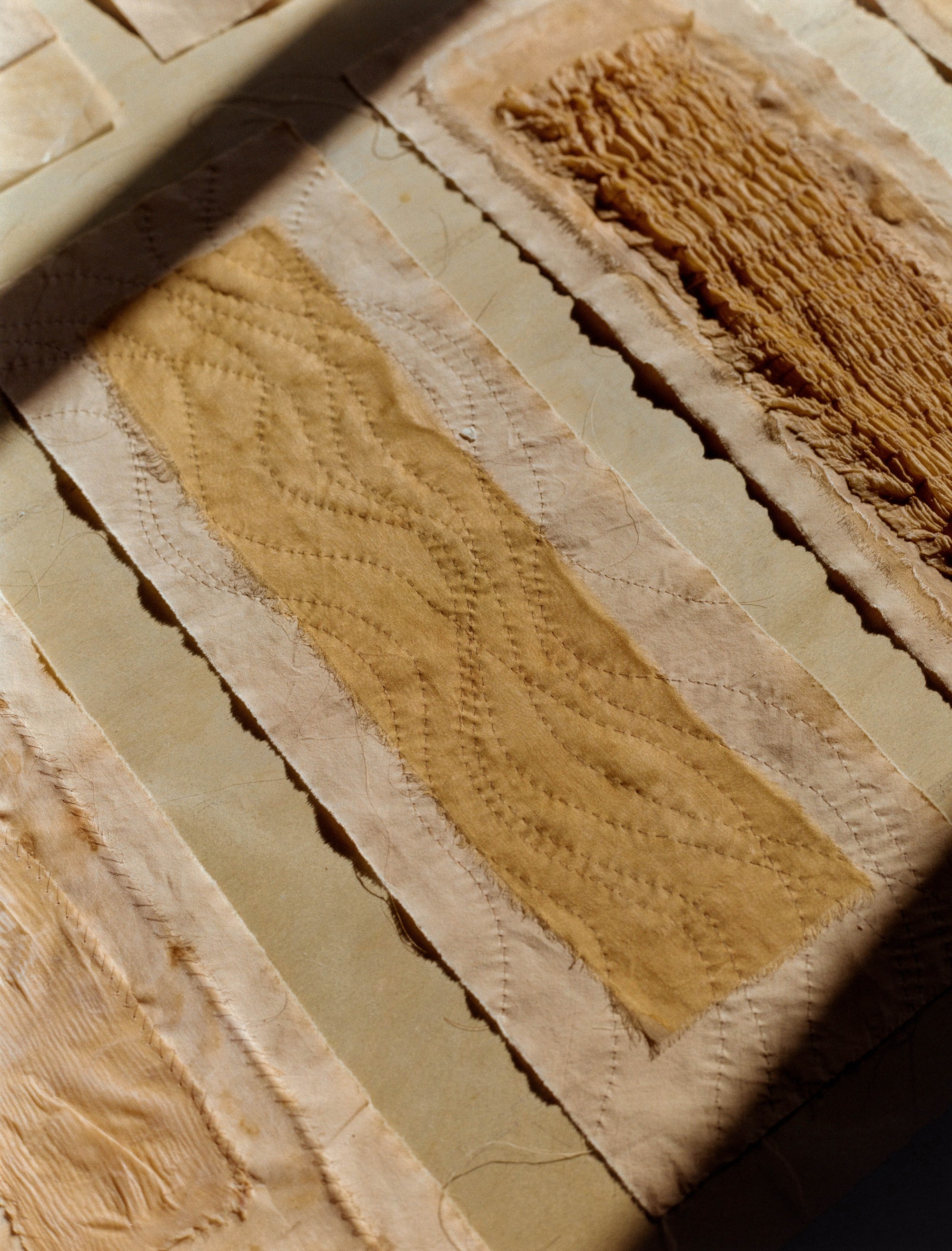 Close detail of naturally dyed and hand-stitched fabric panels by Portland artist Laura Kung, medium format film