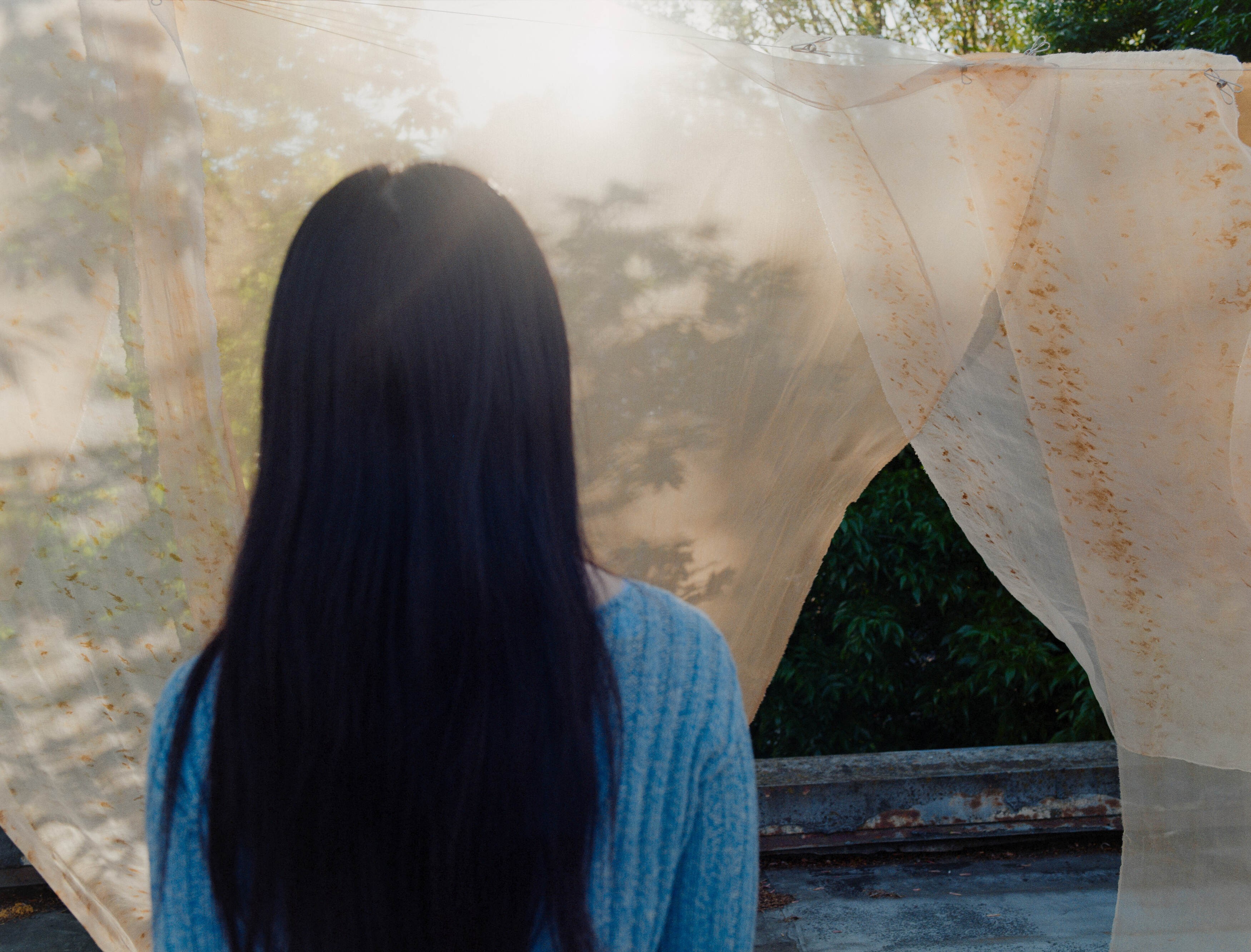 Portland artist Laura Kung seen from behind looking through sheer dyed fabric in backlight, medium format film by Nathaniel Perales