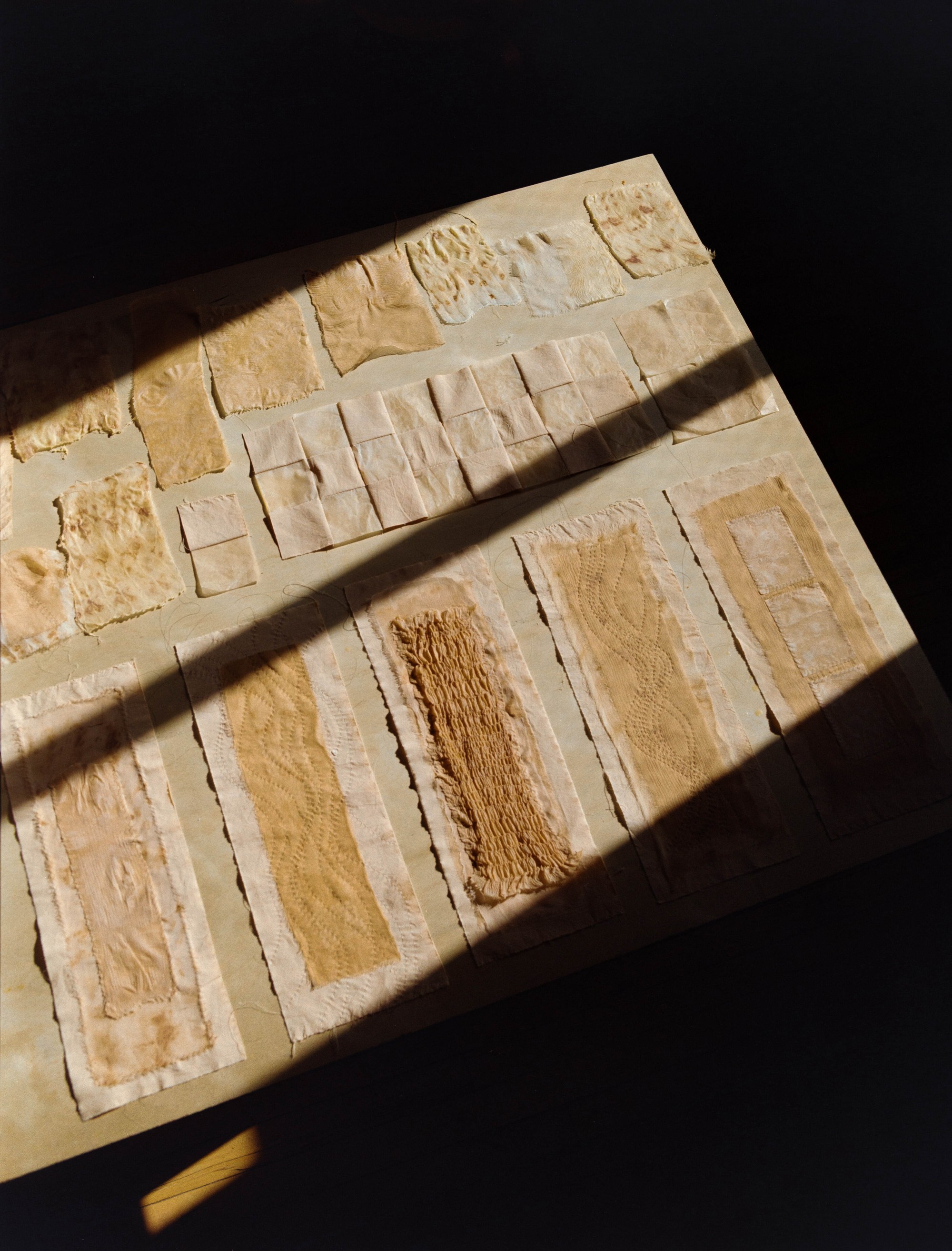 Grid of naturally dyed fabric swatches in raking studio light, Portland artist Laura Kung, medium format film photograph